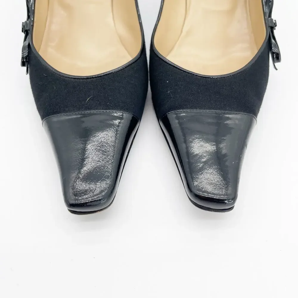 Chanel 2004 Karl Lagerfeld Black Jersey Patent Trim CC Logo Cap Toe Pumps EU 40